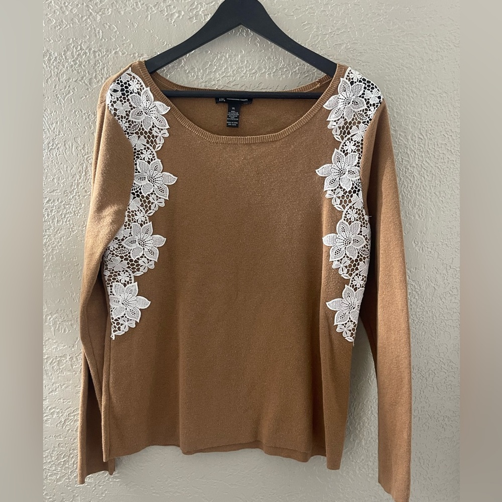 INC International Concepts Y2K Brown Sweater with White Floral Lace XL